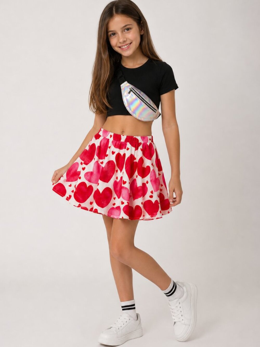 SHEIN Girls Heart Print Skater Skirt Size 130 Pink Red Valentine